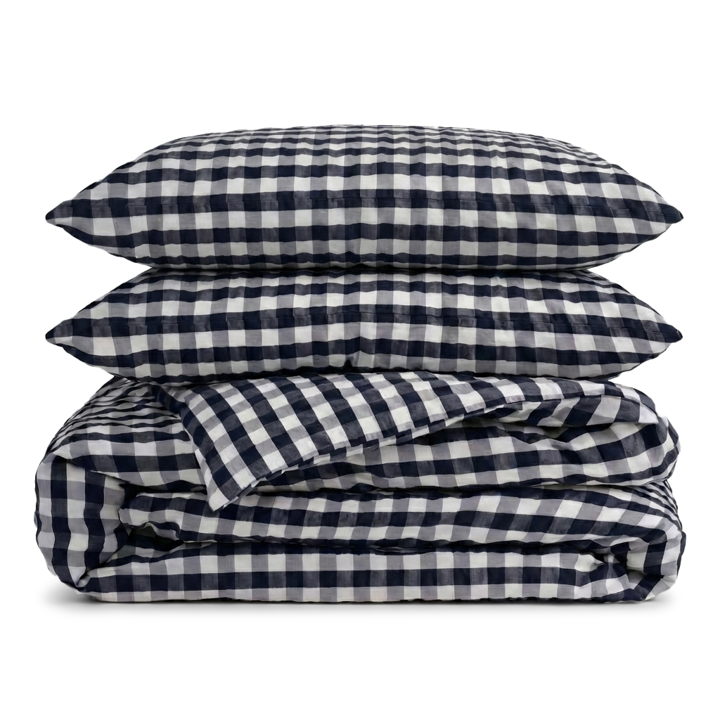Steinvasket sateng i krepp - Gingham Skumring/Hotellhvit