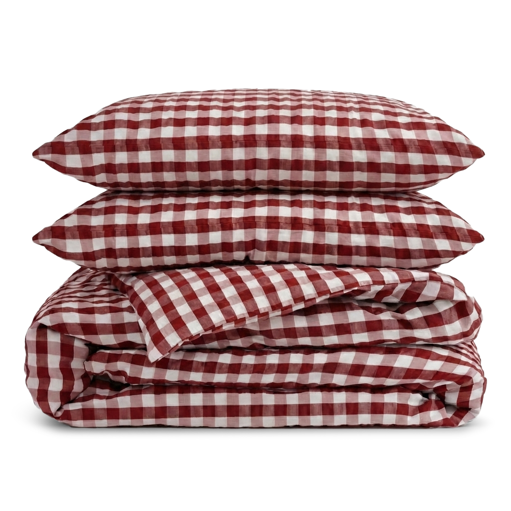 Steinvasket sateng i krepp - Gingham Kirsebær/Bomull