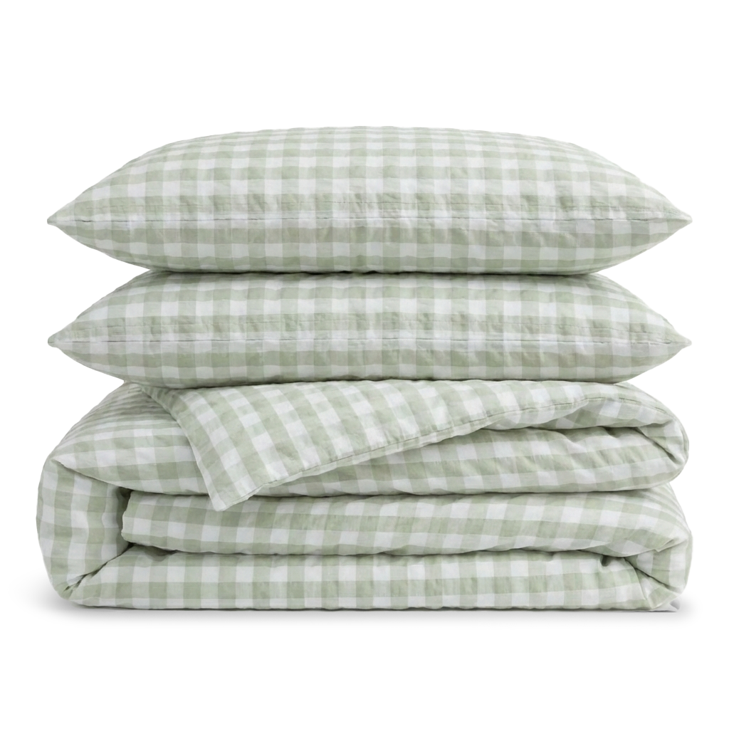 Steinvasket sateng i krepp - Gingham Kystgrønn/Bomull