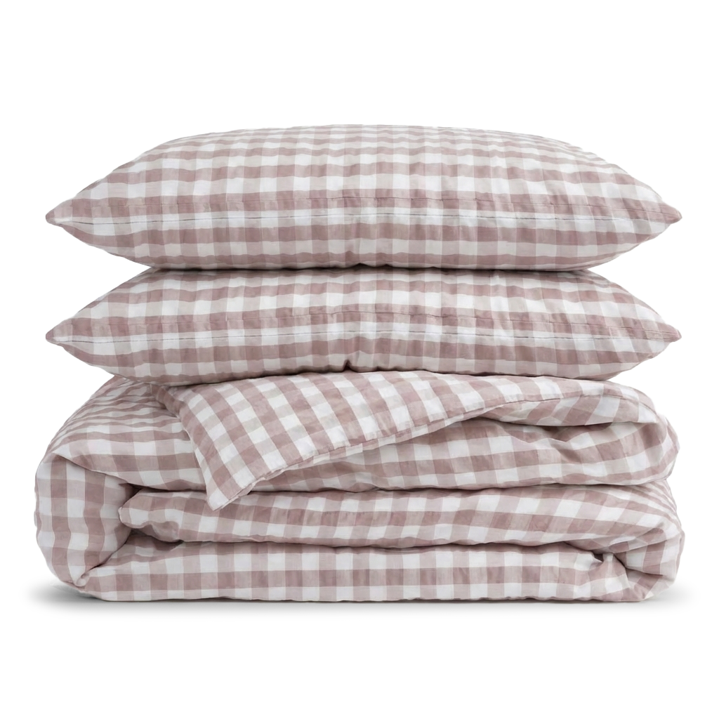 Steinvasket sateng i krepp - Gingham Havre/Bomull